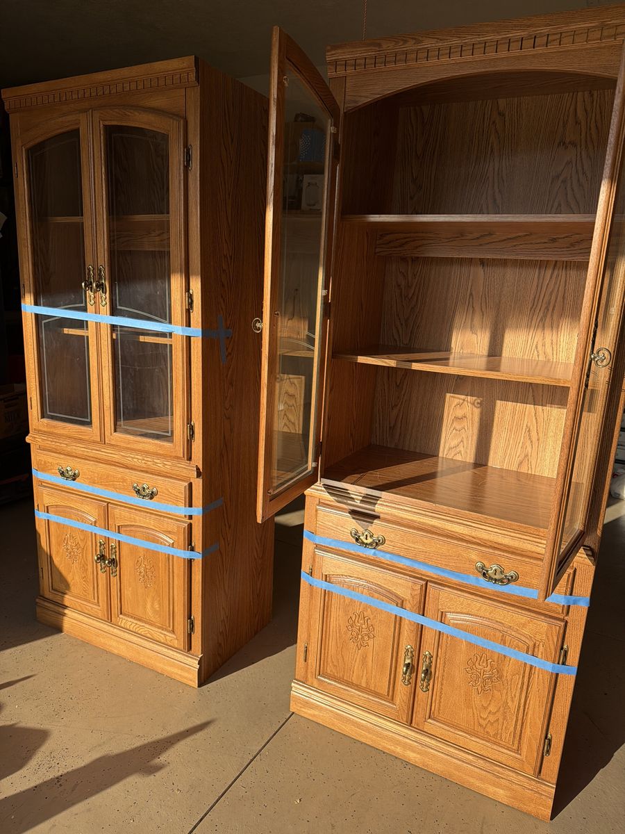 Pair of Vintage Oak Curio Cabinets / Display Cases with Glass Doors & Storage.