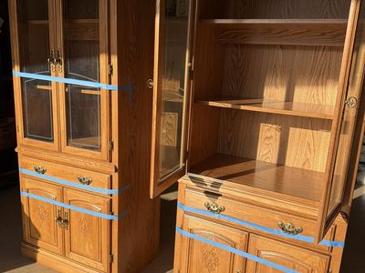 Pair of Vintage Oak Curio Cabinets / Display Cases with Glass Doors & Storage.