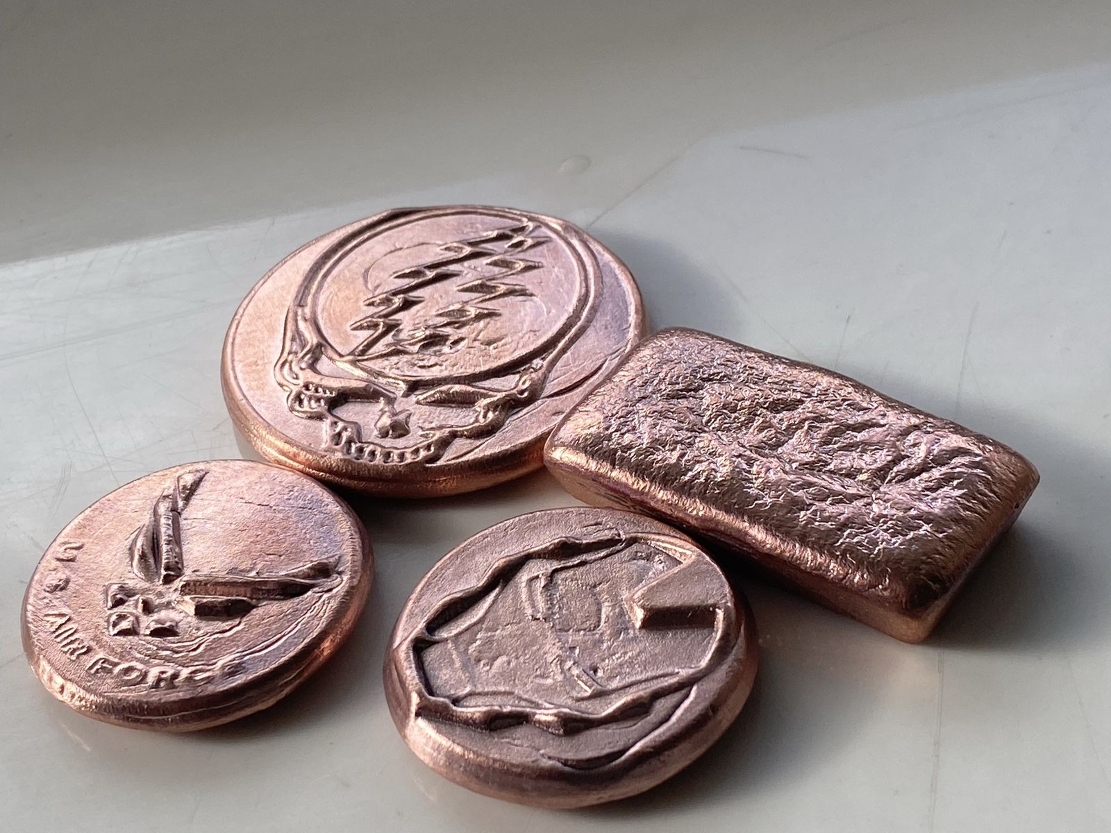 Hand Poured Copper Bars & Rounds - Grateful Dead, Air Force, Mountain Designs - Unique Art Pieces