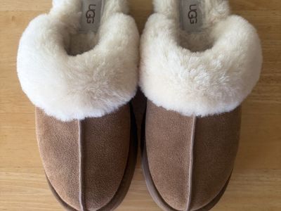 Ugg Disquette Platform Slippers Chestnut Brown Suede Fur Size 8