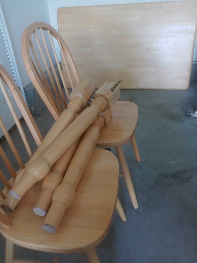Wooden Dining Table with 3 Chairs - Light Wood Finish, Spindle Back Chairs