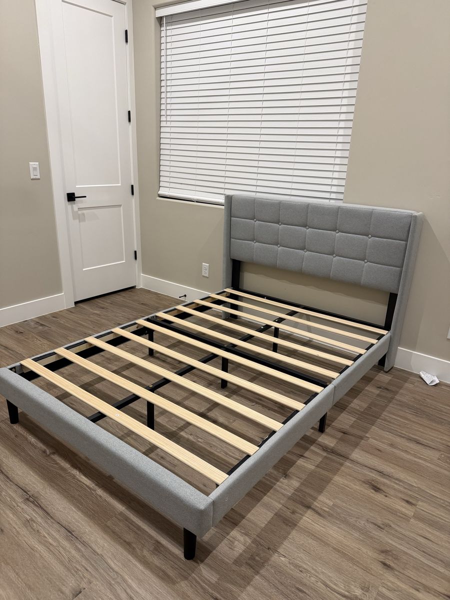 Full Size Upholstered Bed Frame with Tufted Headboard - Light Gray Fabric, Wood Slats