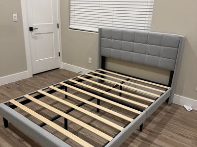 Full Size Upholstered Bed Frame with Tufted Headboard - Light Gray Fabric, Wood Slats