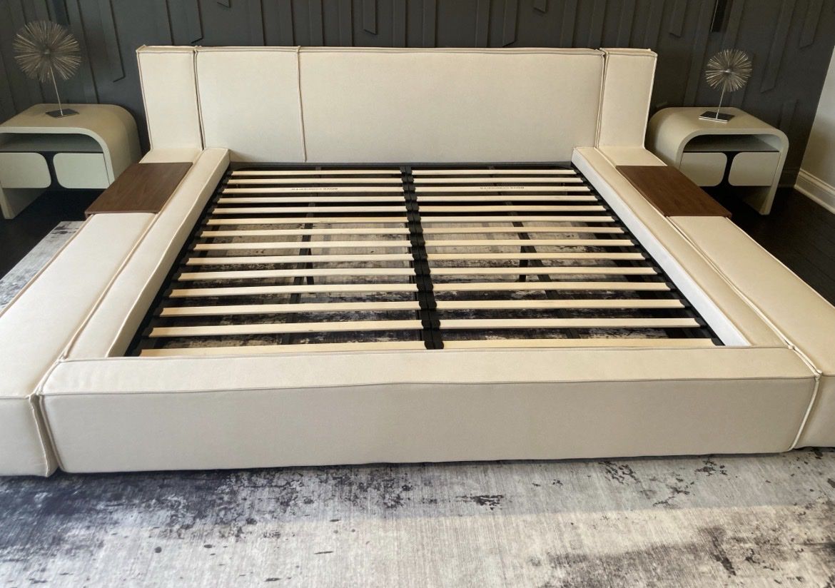 Rove Concepts Andes King Size Bed - Ivory Upholstered Platform Bed with Slats