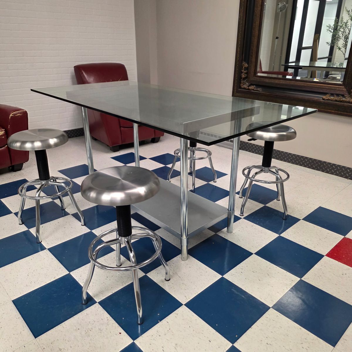 Glass Table and Metal Stools
