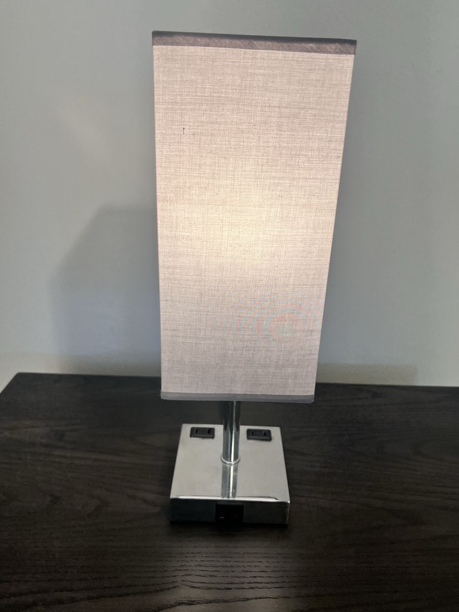 Modern Chrome Table Lamp with Fabric Shade and Built-in AC Outlets