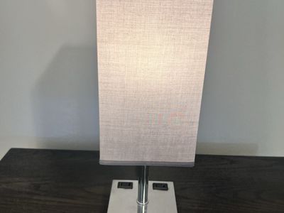 Modern Chrome Table Lamp with Fabric Shade and Built-in AC Outlets