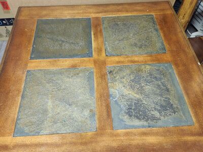 Wood and Slate coffee and end tables with rot iron legs. Set of 3