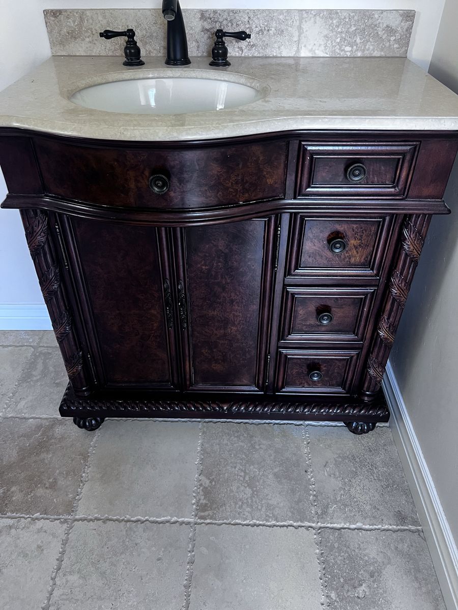 Traditional Dark Wood Bathroom Vanity with Stone Countertop and Sink