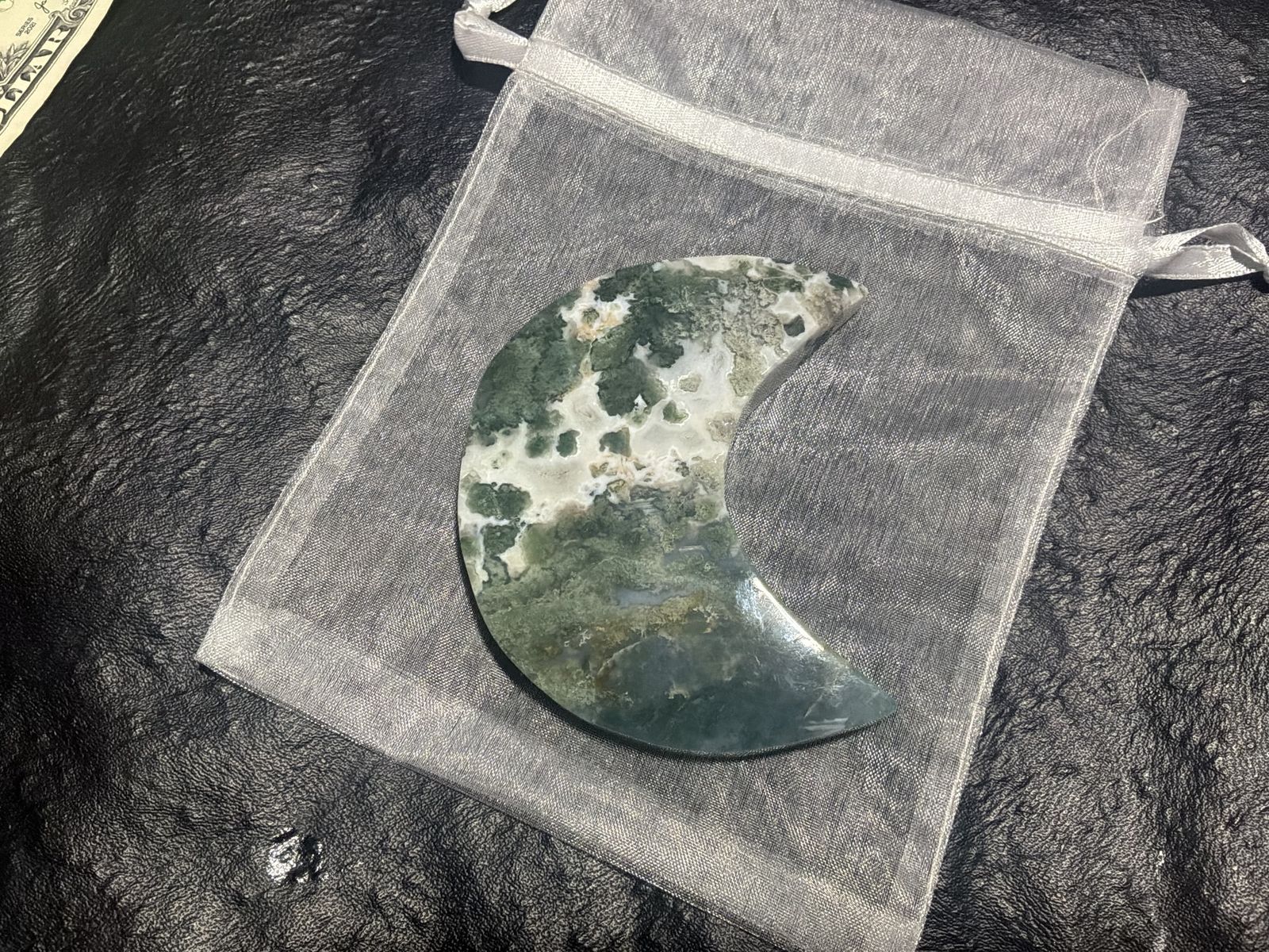 Polished Green Moss Agate Crescent Moon Crystal Palm Stone with Pouch