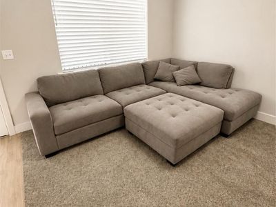 Gray L-Shape Thomasville Sectional Couch with Ottoman - Tufted Backs, Upholstered Fabric
