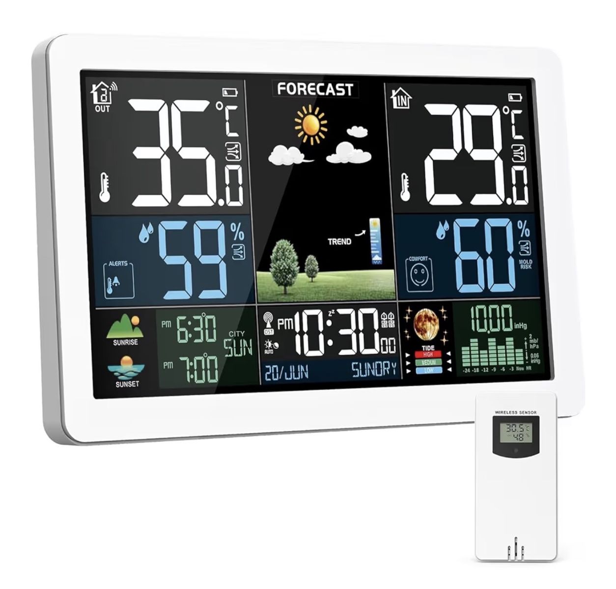 Wireless Weather Station with 7.5" LCD HD Color Screen, Indoor/Outdoor Temp, Humidity, Forecast & Alarm.