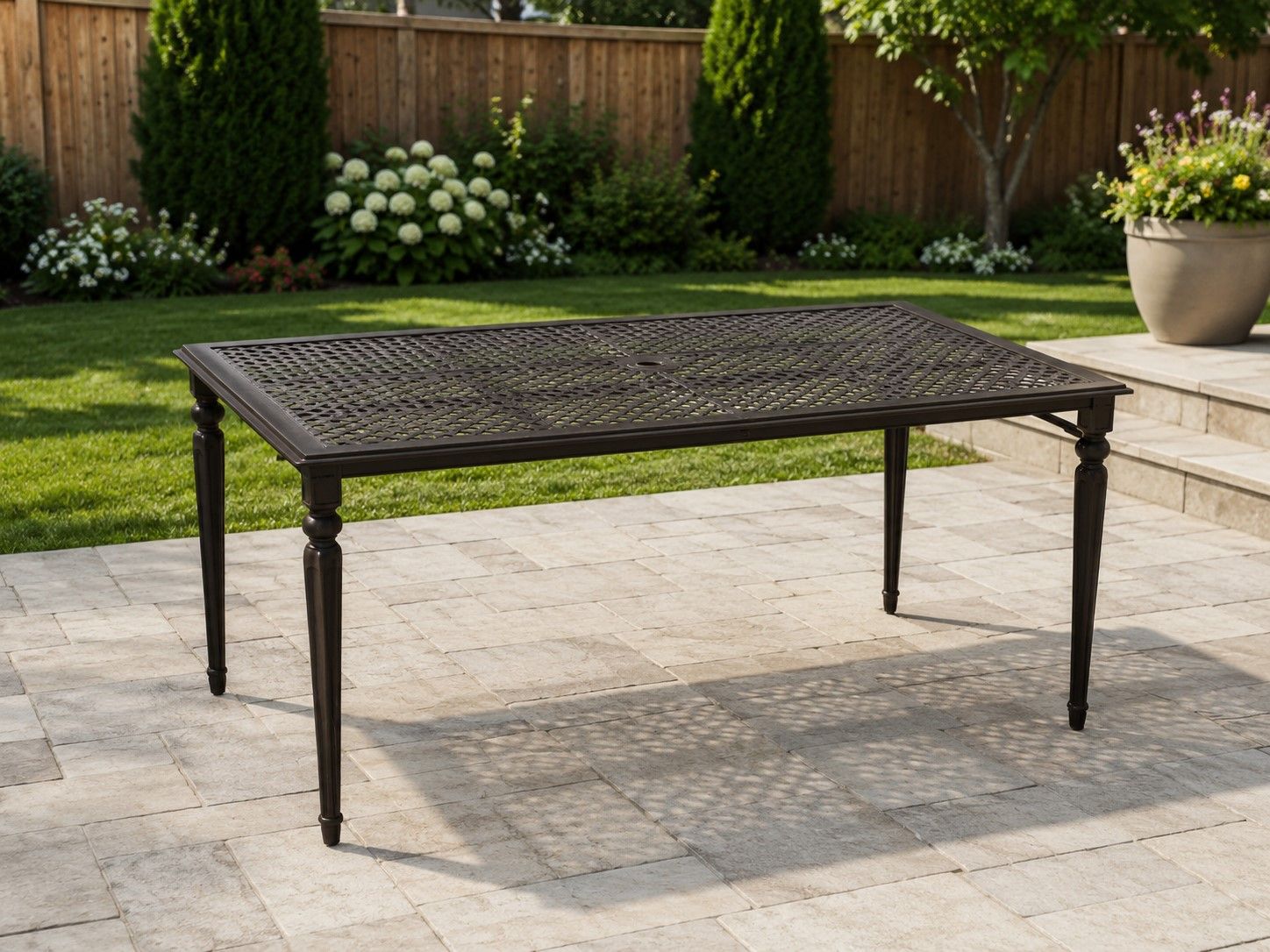 Dark Brown Metal Outdoor Dining Table and 6 Back Cushions (Putty) – Chairs Not Included