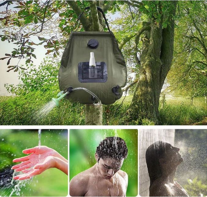 NEW! Shower Bag, 5 Gallon Portable Water Bag, Outdoor Camping Solar Heated – Olive/Black