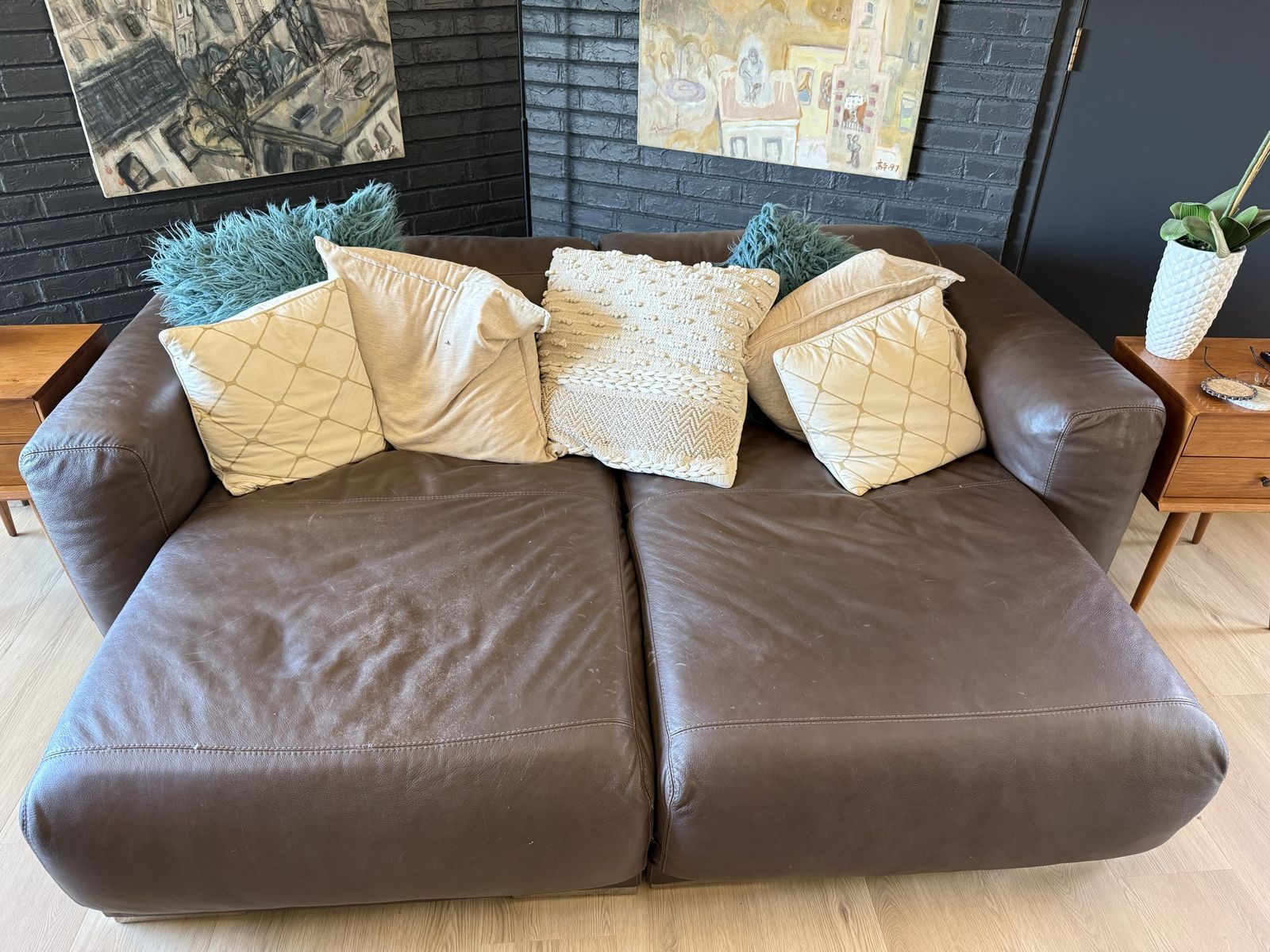 Brown leather couch and chair