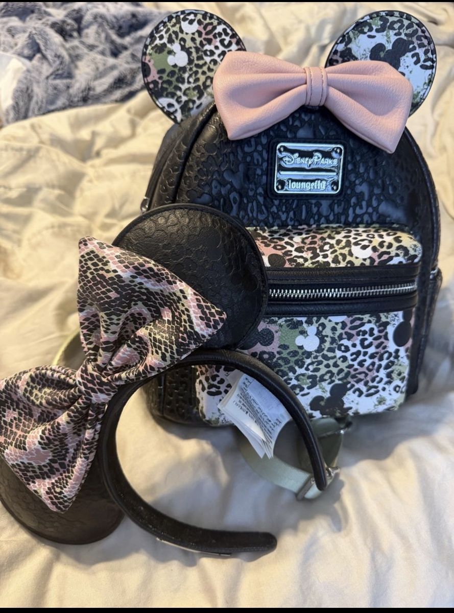 Disney Parks Loungefly Mickey/Minnie Animal Print Mini Backpack & Matching Ears Set