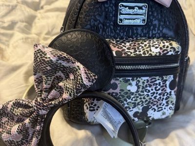 Disney Parks Loungefly Mickey/Minnie Animal Print Mini Backpack & Matching Ears Set