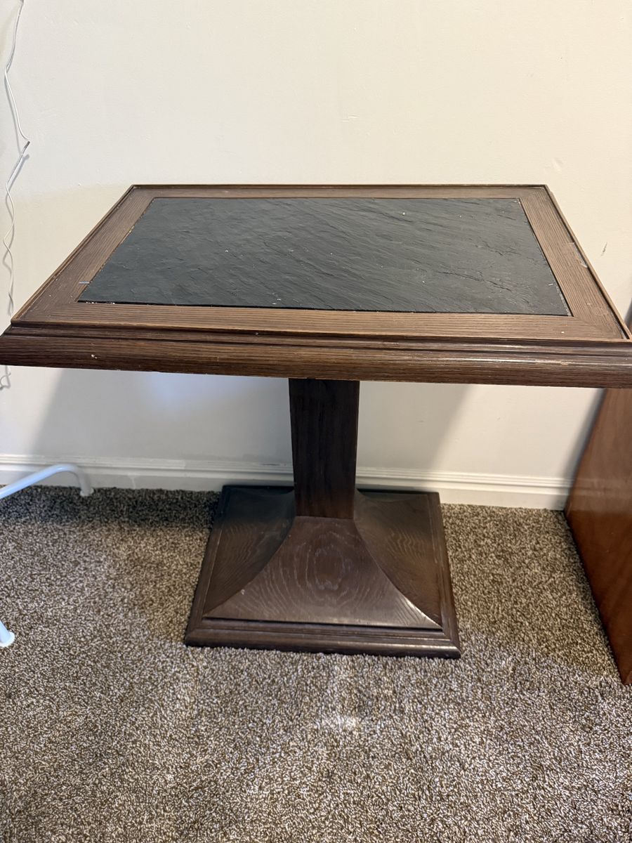 Vintage Wooden Pedestal End Table with Slate Top Inlay