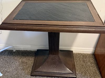 Vintage Wooden Pedestal End Table with Slate Top Inlay