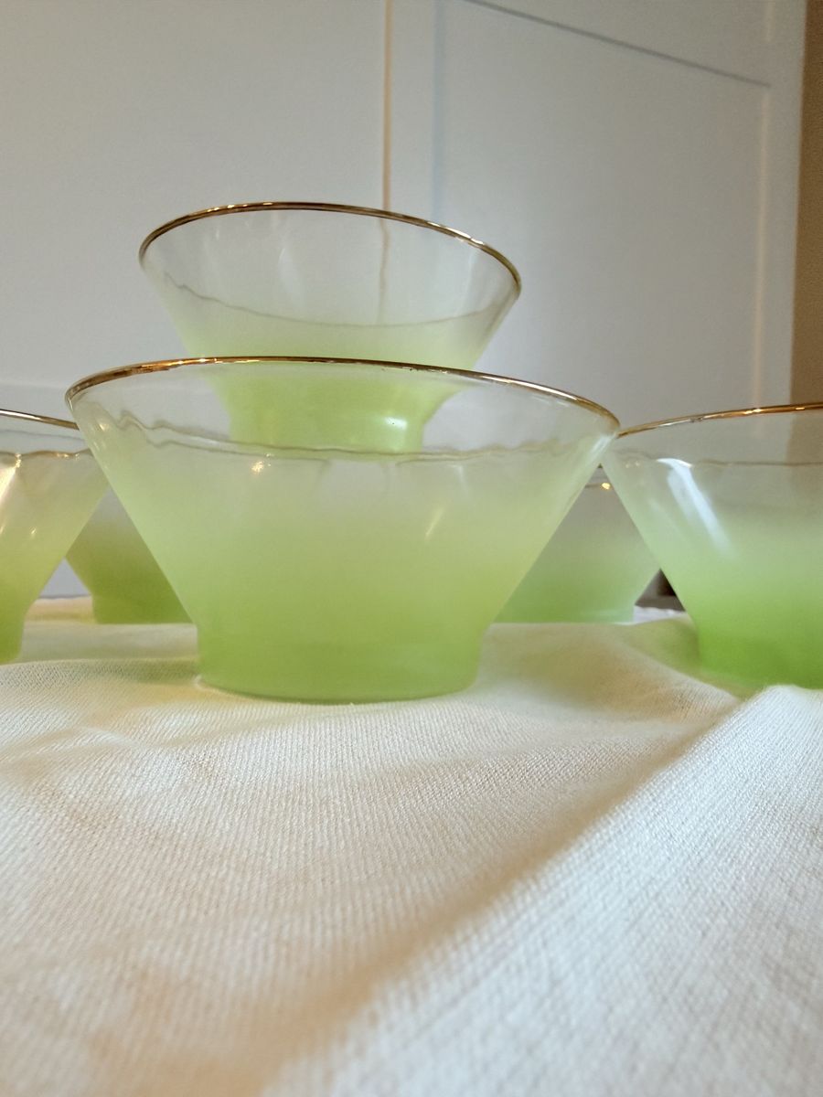 Vintage Pale Green Frosted Glass Bowls with Gold Trim Set