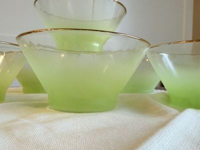 Vintage Pale Green Frosted Glass Bowls with Gold Trim Set