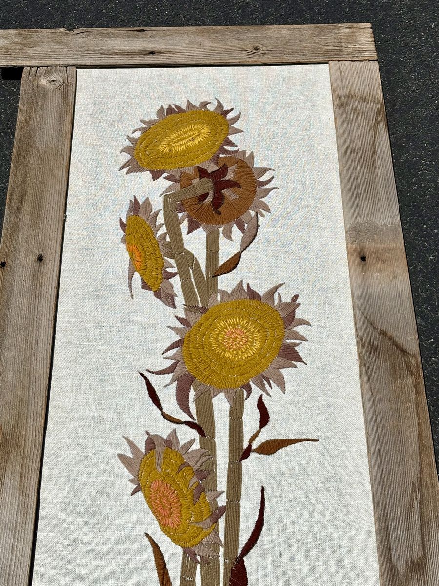 Large rare, Vintage Mid Century Modern Paragon Sunflower tapestry wall hanging , MCM by Roger LeCloutier. Seen in Mad Men