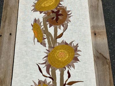 Large rare, Vintage Mid Century Modern Paragon Sunflower tapestry wall hanging , MCM by Roger LeCloutier. Seen in Mad Men