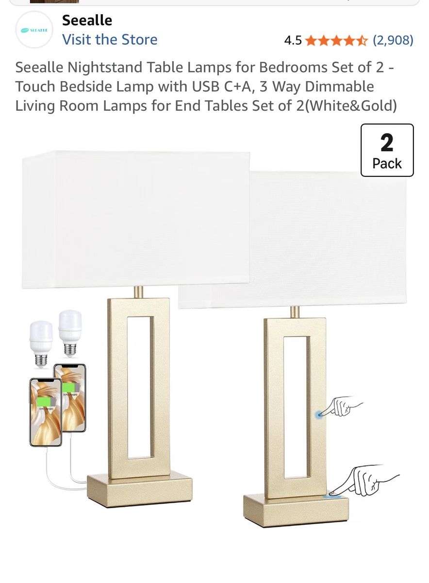 Seealle Touch Bedside Table Lamps Set of 2 - 3-Way Dimmable with USB-C & USB-A Ports, Gold/White