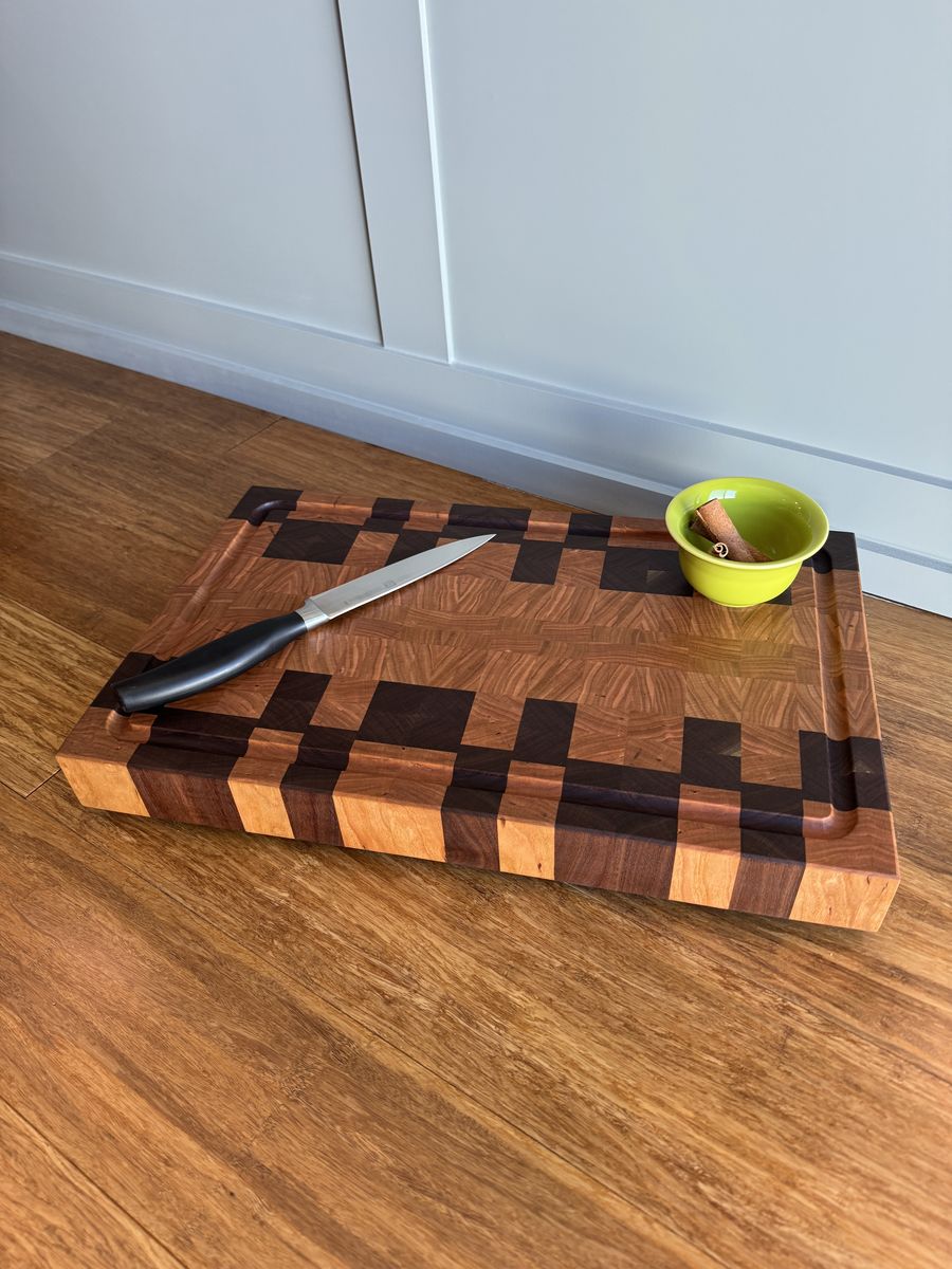 Handcrafted End Grain Butcher Block Cutting Board with Juice Groove - Walnut & Cherry