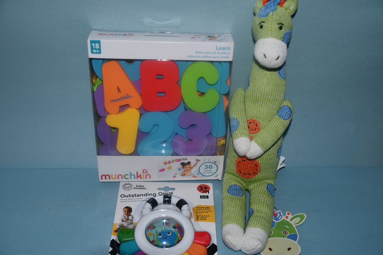 3 NEW CHILDREN'S TOY STUFFED GIRAFFE + RATTLE & TEETHER + BATH TIME LETTERS & NUMBERS ~ ALL FOR $5