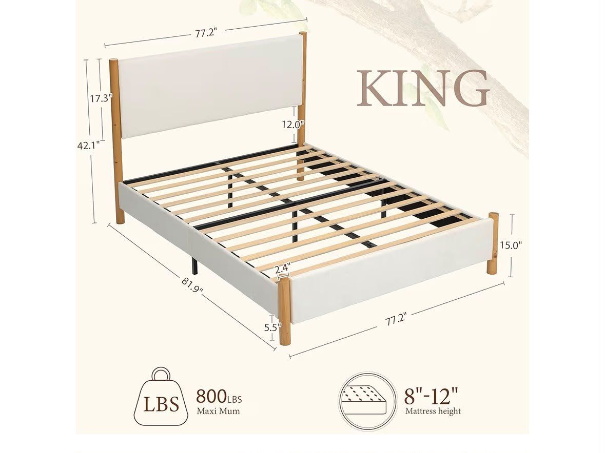 King Size Upholstered Platform Bed Frame with Wood Slats & Headboard - White/Wood Finish