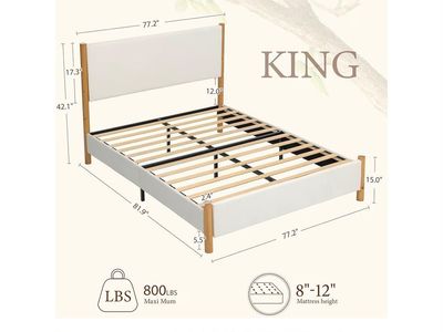 King Size Upholstered Platform Bed Frame with Wood Slats & Headboard - White/Wood Finish