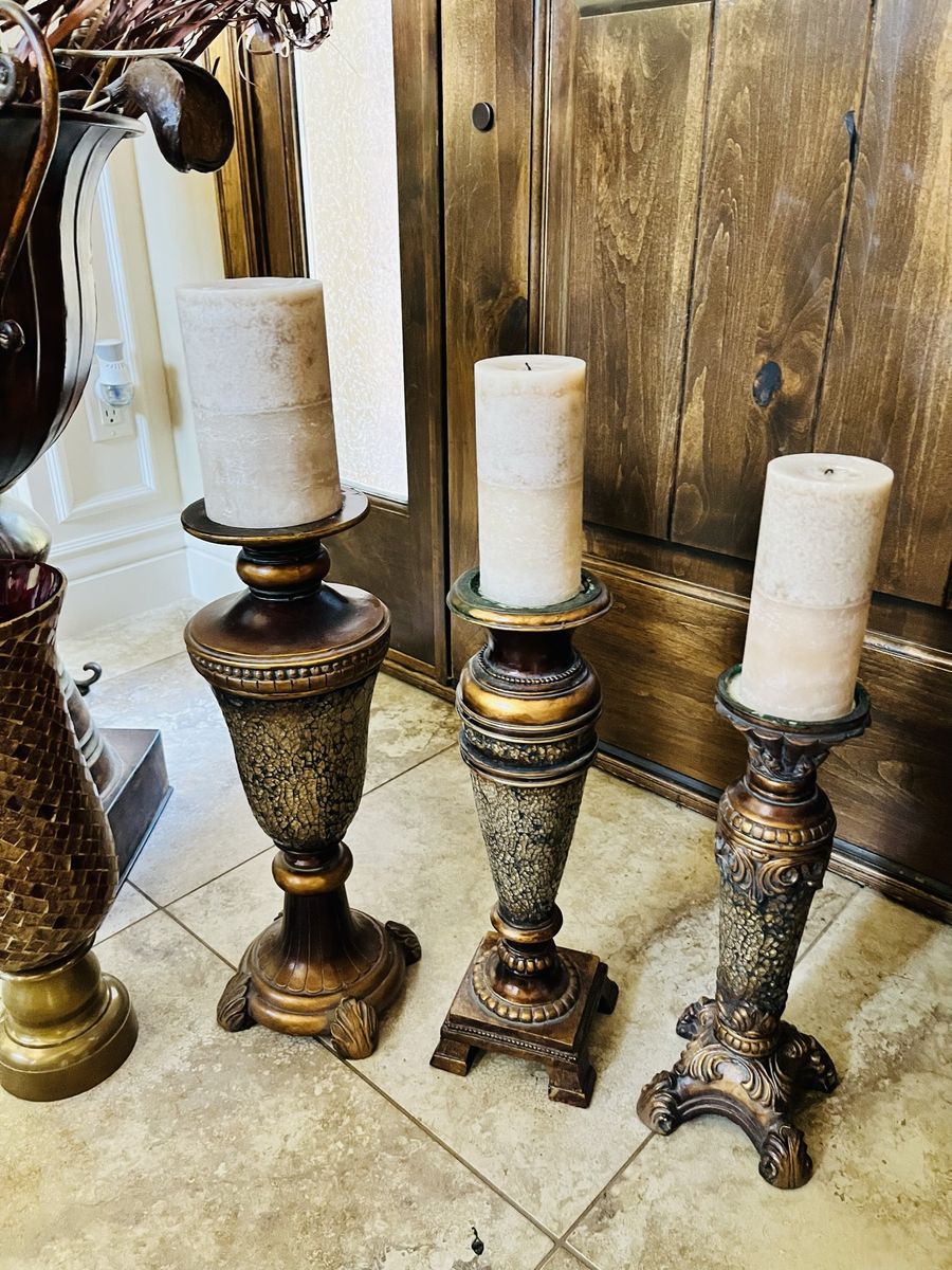 Set of 3 Ornate Bronze & Gold Pillar Candle Holders - Various Sizes, Home Decor