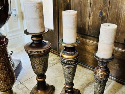 Set of 3 Ornate Bronze & Gold Pillar Candle Holders - Various Sizes, Home Decor
