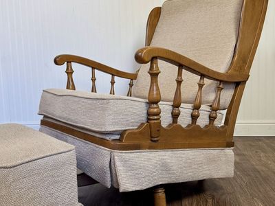 Vintage Ethan Allen Colonial Spindle Arm Wingback Chair & Ottoman