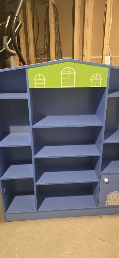 Kids Wooden Dollhouse Bookcase/Shelving Unit - Blue/Green, Multi-Tiered Storage