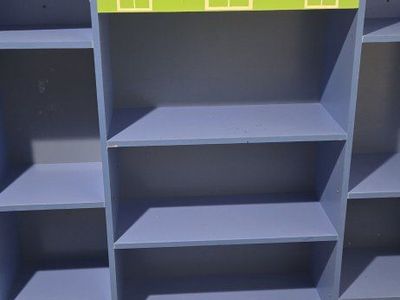 Kids Wooden Dollhouse Bookcase/Shelving Unit - Blue/Green, Multi-Tiered Storage