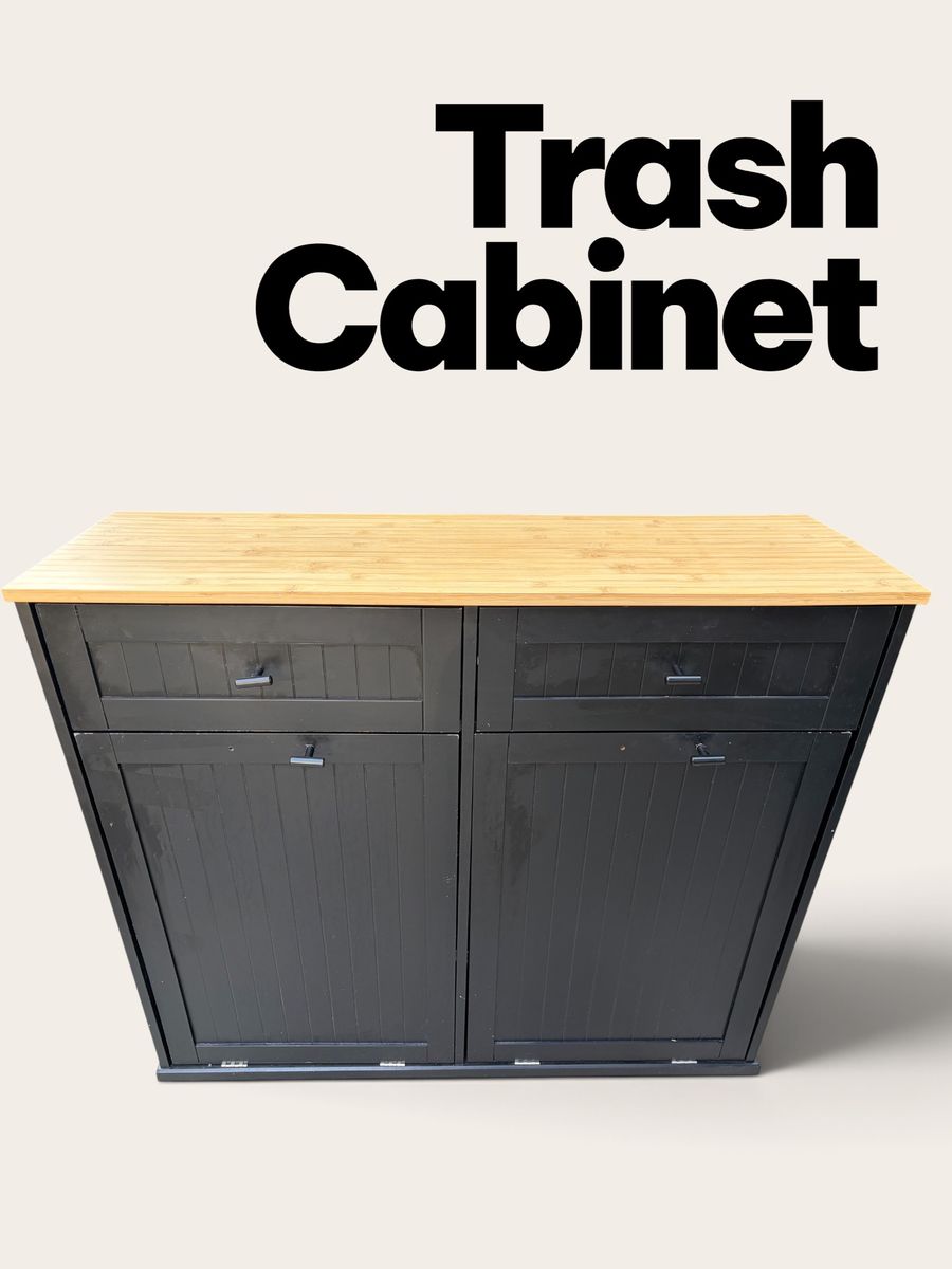 Double Tilt-Out Trash Cabinet in Black with Wood Top and Storage Drawers