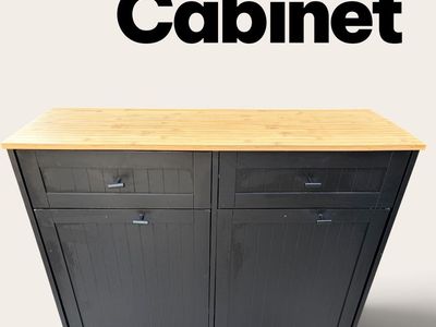 Double Tilt-Out Trash Cabinet in Black with Wood Top and Storage Drawers