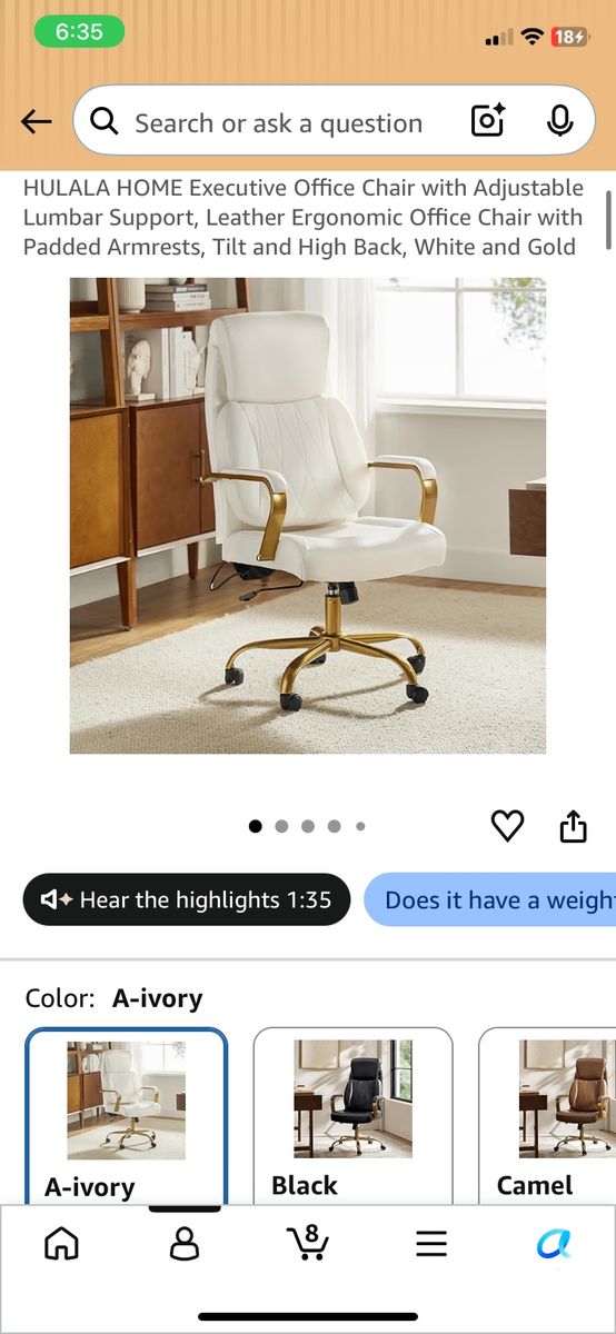 HULALA HOME Executive Office Chair with Adjustable Lumbar Support, Leather Ergonomic Padded Armrests, Tilt white w/ gold accents