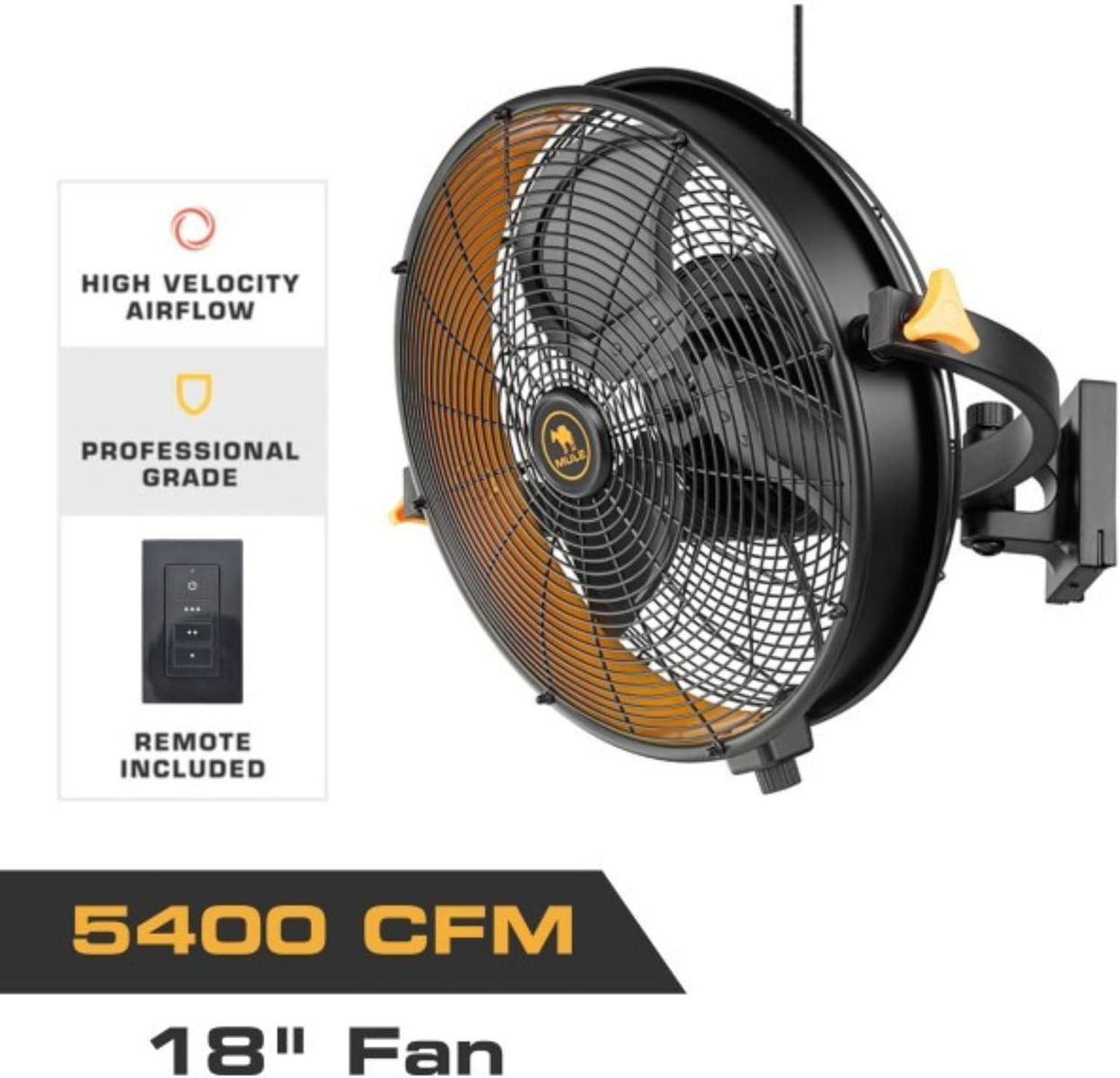 NEW MULE 18" Industrial Wall Mount Fan, 3-Speed Electric Garage Cooling with Remote Control. Never Used!