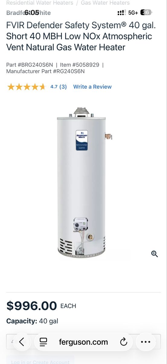 Bradford White 40 Gal Natural Gas Water Heater RG240S6N               BRAND NEW IN BOX!