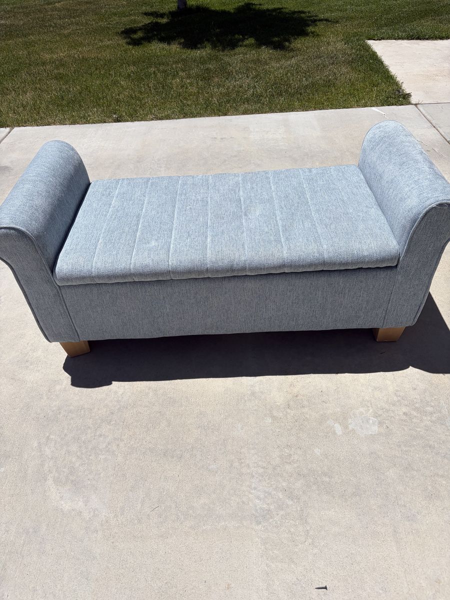 Upholstered Storage Bench Light Blue Fabric Rolled Arms Accent Furniture Entryway Bedroom