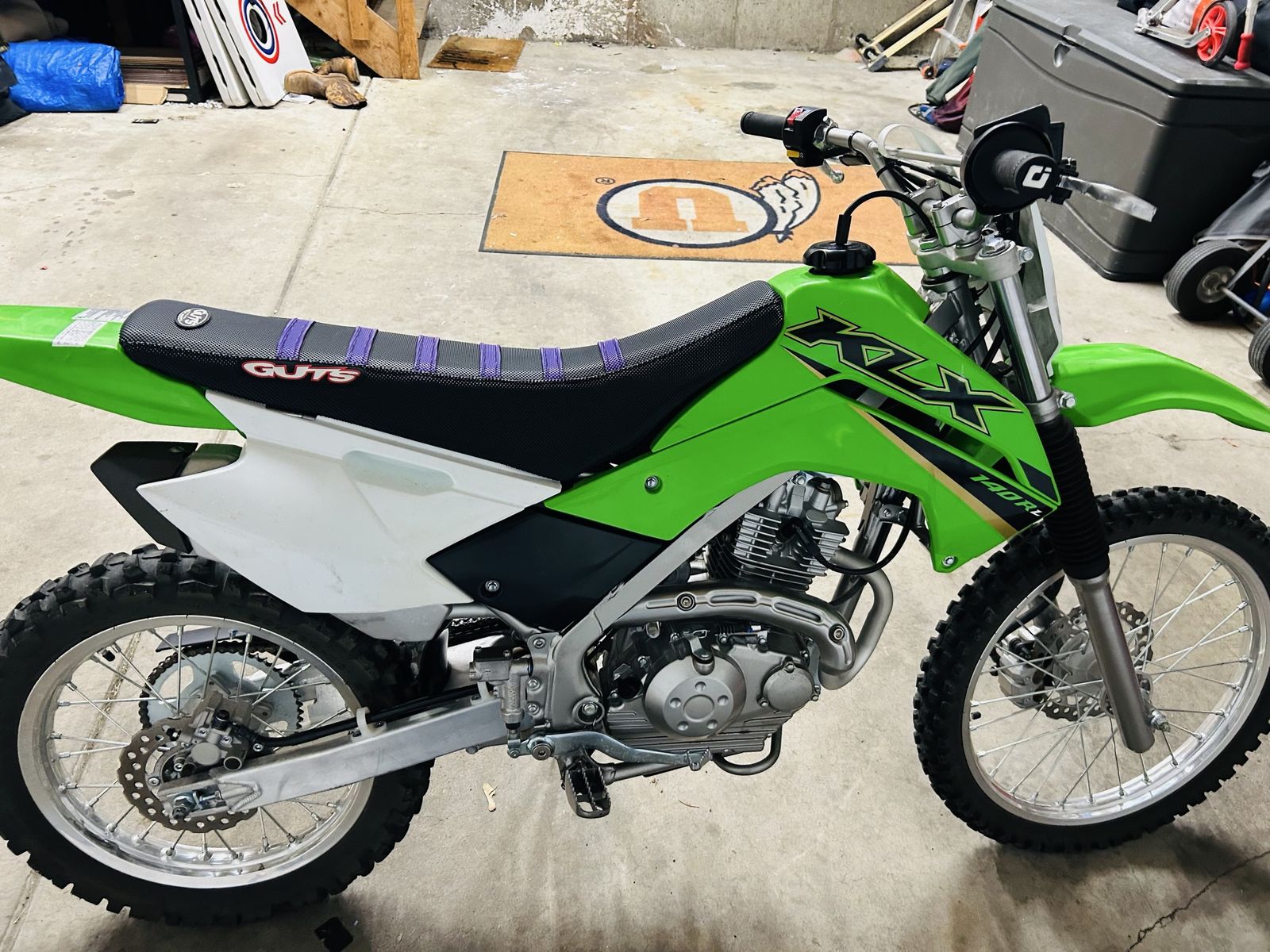 2022Kawasaki KLX 140RL Dirt Bike - Green, Purple Guts Racing Seat, Pro Taper Bars