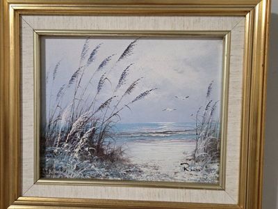 Framed Original Coastal Beach Seascape Oil Painting Signed Artist Ross.