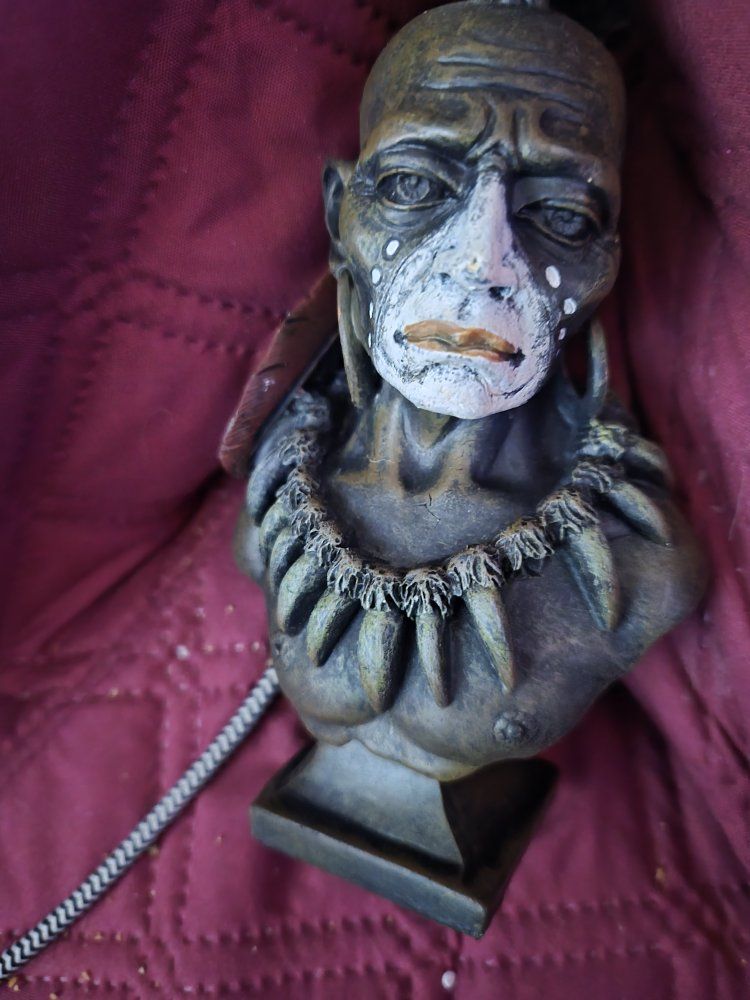 Unique Tribal Chief Bust Figurine with Tooth Necklace - Hand-Painted Decor