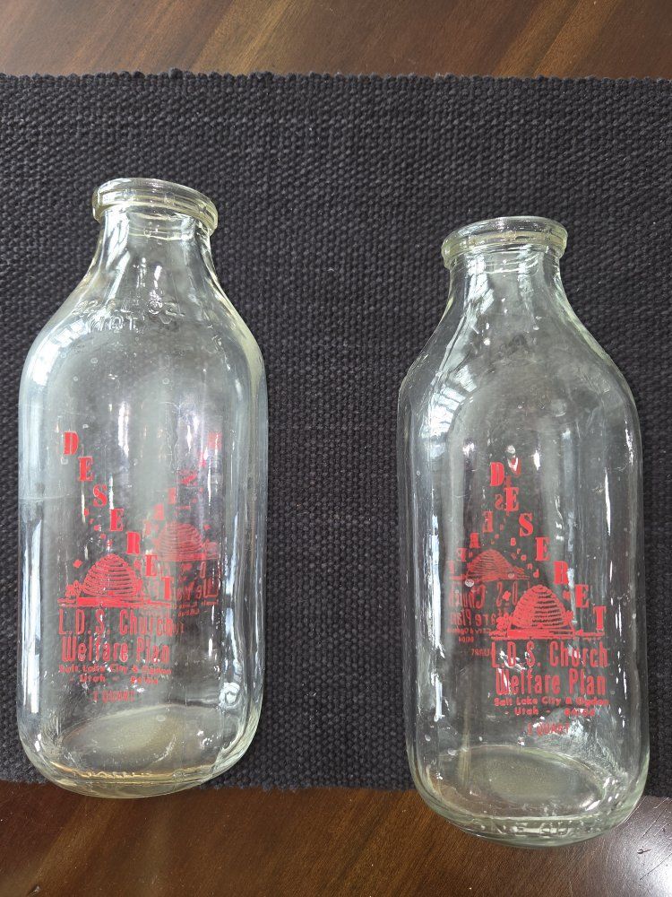 Vintage Deseret L.D.S. Church Welfare Plan 1 Quart Glass Milk Bottles (Set of 2)