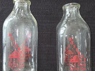 Vintage Deseret L.D.S. Church Welfare Plan 1 Quart Glass Milk Bottles (Set of 2)