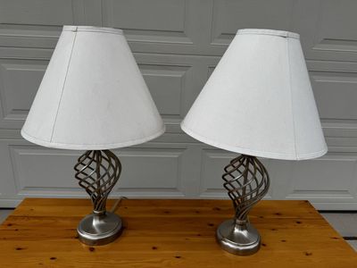 Pair of Modern Brushed Nickel Swirl Design Table Lamps with White Fabric Shades