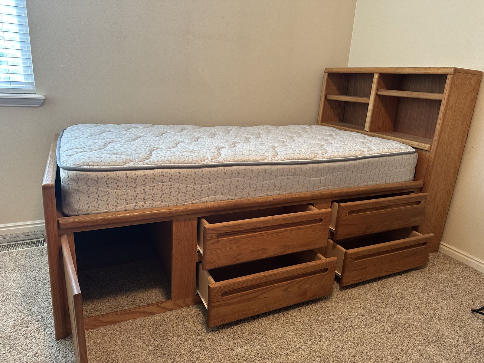 Solid Oak Twin Captain's Bed with Storage Drawers, Cabinet, and Headboard Shelves, Includes Mattress